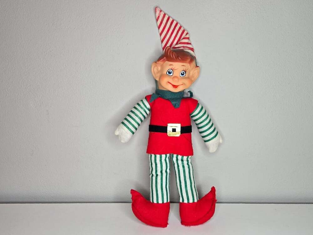 Vintage Rubber Face Christmas Elf Pixie Shelf Sitter Plush Doll